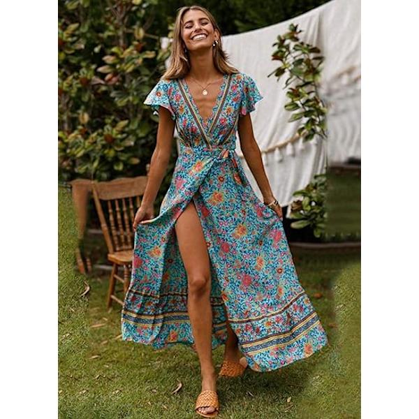 Kvinnors Boho Sommar Sid Slit Djup V-hals Korta Ärmar Lång Kjol Bälte, L