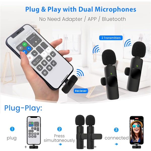 Trådløs Lavalier-mikrofon til iPhone - 2,4 GHz Mini trådløs Lavalier-mikrofon med 2 sendere og 1 modtager til Youtube, Tiktok-video, Vlog, Facebook