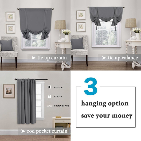 Solid Blackout Energy Efficient Tie Up Shades Rod Pocket Panel fo