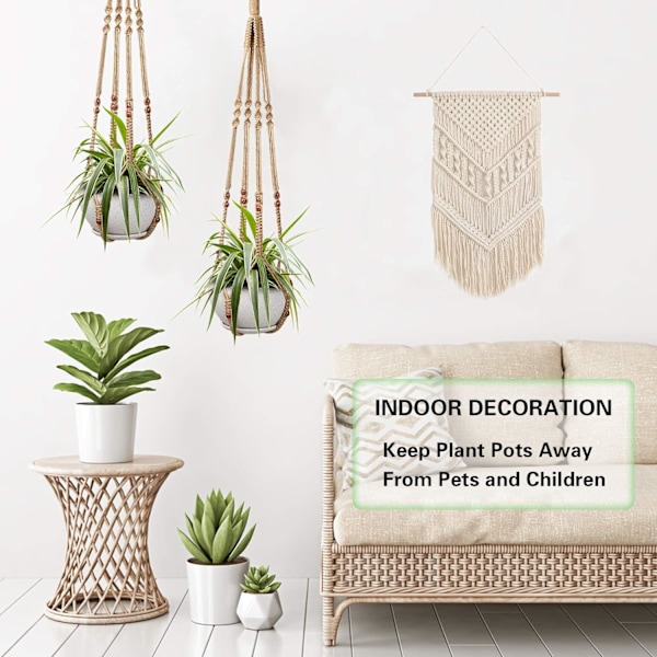 2 st Macrame Blomkrukehållare Inomhus Hängande Blomkrukor Macrame Bomullsrep Hållare Dekoration med 4 Krokar