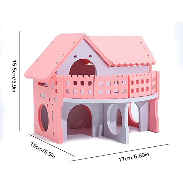 Træ Hamsterhus, Pink Lille Kæledyr Sovehus Dobbelt Lag Villa Balkon Samling Hamster Legetøj 17 x 15 x 15cm