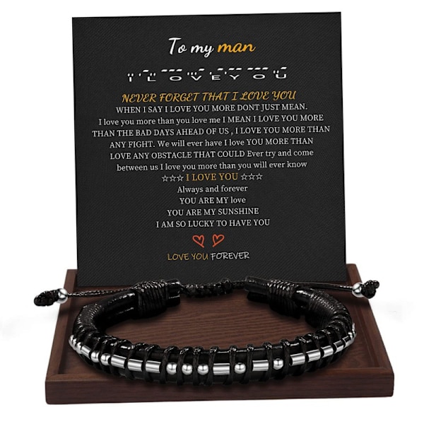 Morse Code Armband Present för Män, Gunmetal Pärlor på Läder Armband för Herr Present Inspirerande Present för Herr Smycken Unika Fars Dag Födelsedag Jul Present för Pojkvän Pappa Bästa Vän