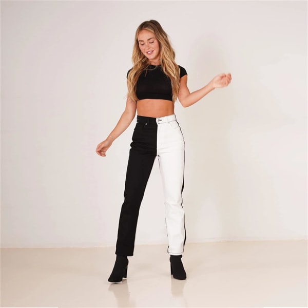 Kvinners Colorblock Høy Midje Jeans To Tone Rett Ben Denim P