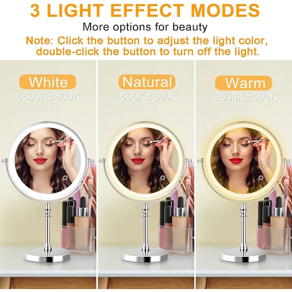 8 tommer forstørrende makeup spejl, LED-belyst makeup spejl, 1x/10x forstørrelse USB-oplader