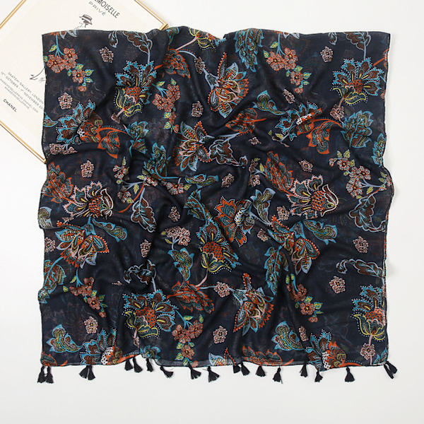 Mørk marineblå blomster skjerf, 180-90cm