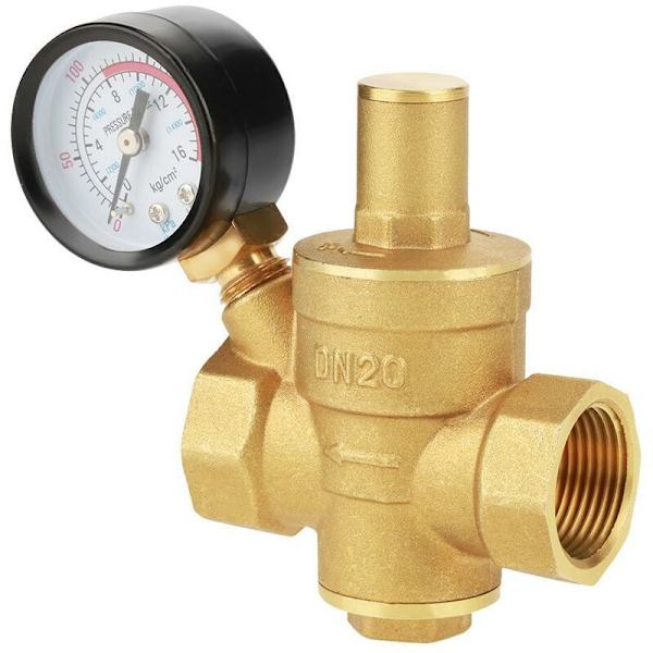DN20 Justerbar Vandtryksreducer, Messing Vandtryksreducer + Manometer Vandtryksmåler (DN20)