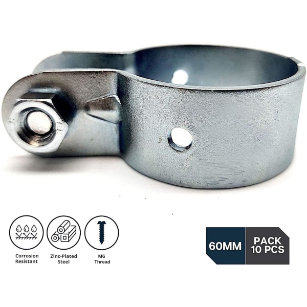 Pakke med 10 stolpeklemmer, tilbehør til gjerder og stolper for festing, sølv, diameter: 6 cm