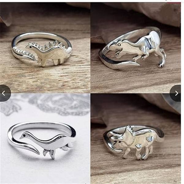 4 st söta dinosaurie Tyrannosaurus Triceratops ring set 14K silver