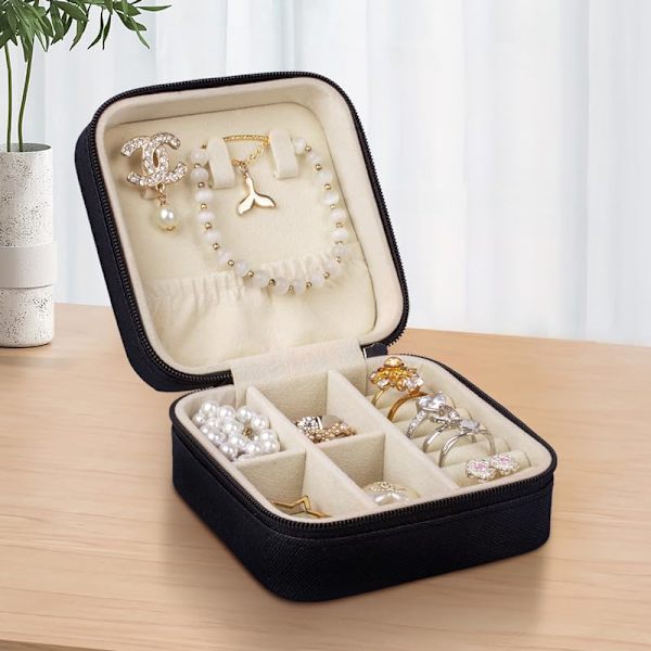 Lille Smykkeæske, Mini Smykkeorganizer, Rejse Smykkeæske, Bærbar Opbevaringsboks til Øreringe, Halskæder, Armbånd (Sort)