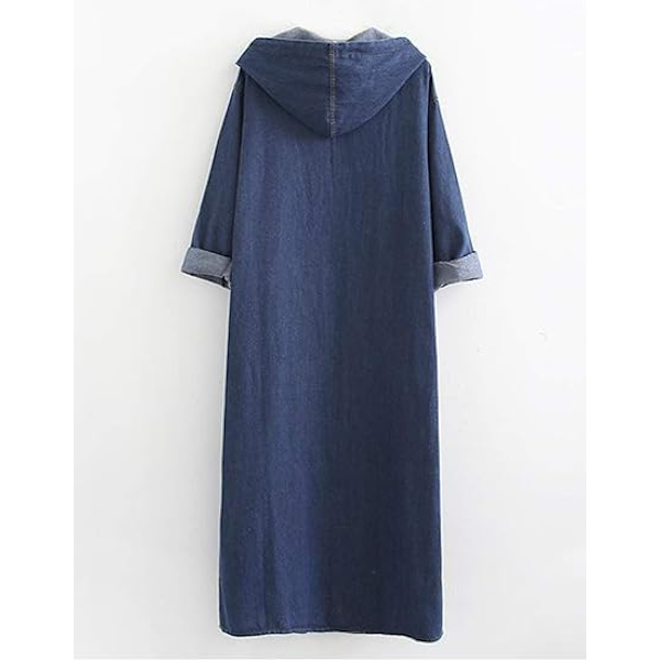 Womens Long Denim Jacket Oversized Drawstring Hooded Midi Jean Jacket, STORLEK