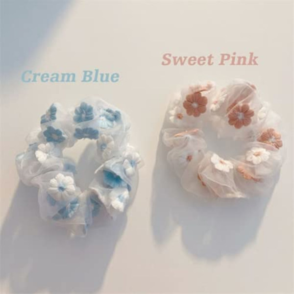 2 stk. broderet tylblomster hår scrunchie, vintage hår loop til piger og kvinder (pink, blå)