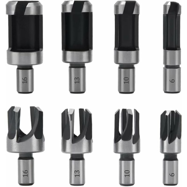 8-delad träpluggfräs, 6 mm/10 mm/13 mm/16 mm träpluggborr, kolstål W