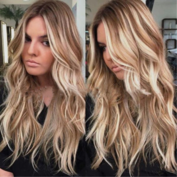 Lång blond peruk för kvinnor Naturligt syntetiskt hår Gradient blond peruk med D