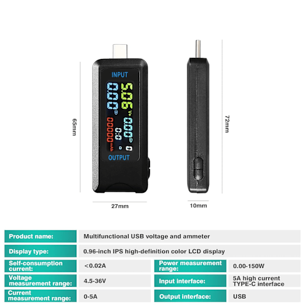 USB-testare, 4,5-36V 0-5A USB-C Strömspänningstestare Multimeter Voltmeter Amperemeter Effektkapacitet Laddare Detektor (Typ-C-port)