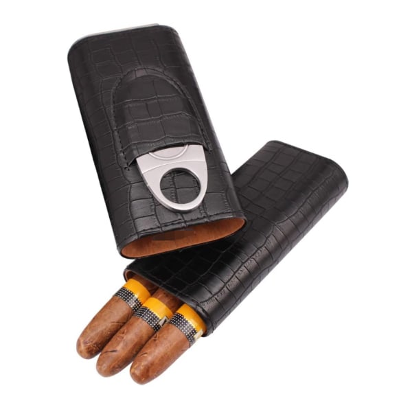 3 Tuber Klassisk Svart Krokodilskinnsmönstrad Läder Cigarrfodral Humidor