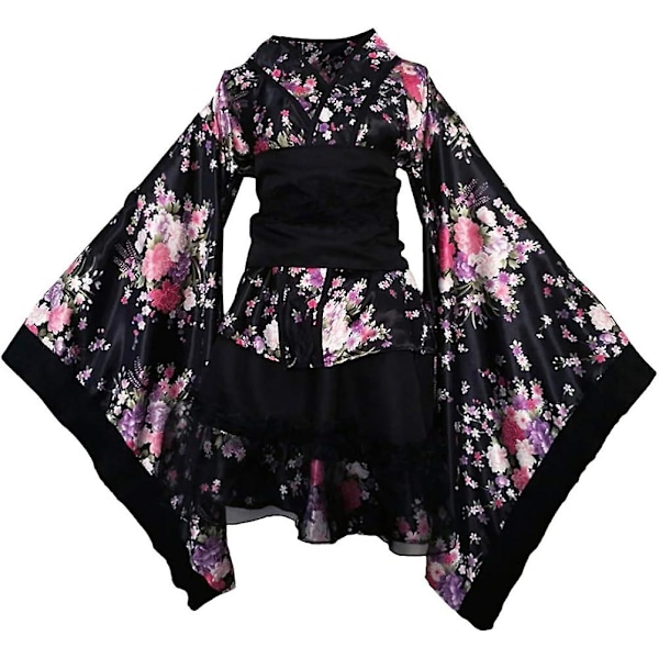 Kvinnors japanska traditionella korta kimono klänning blommig V-ringad Yukat