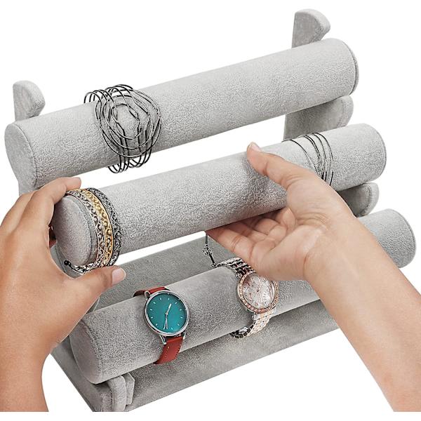 3-vånings grå sammetsarmbandspresentation - L30 X B17 X H23cm - Armbandsställ med avtagbara stänger - Klockställ, armband, fotlänk, scrunchie, pannband