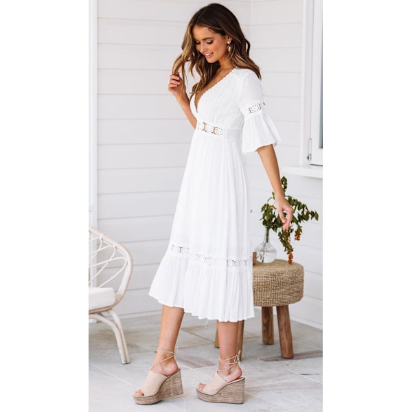 Dames Boheme Kjole Dyb V-hals Sommer Flydende Lange Maxi Kjoler Sexet Hvid