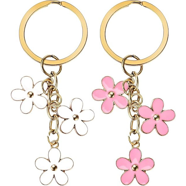 2-pak Blomster Nøgleringe til Kvinder, Dekorative Nøgleringe til Piger, Bedste Gave til Kvinder, Håndtaske Tilbehør, Guld (Hvid+Pink)