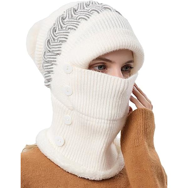 Vinterlue med halsvarmer for kvinner - Varm lue, beanie, skjerf, vindtett og multifunksjonell balaclava