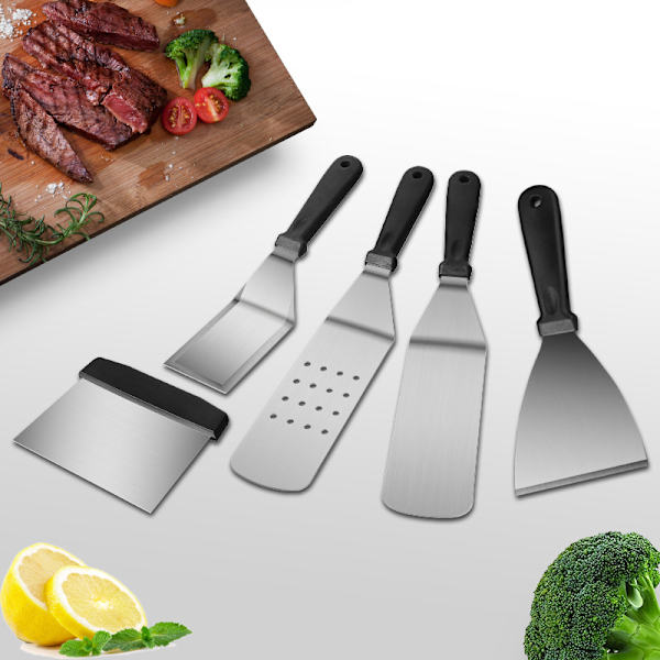 Sæt med 5 køkkenskeer i rustfrit stål til grillning og skrabning af pandekager