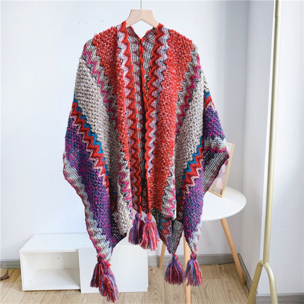 Etnisk stil Cape Pullover Sweater Coat med kvast til dame