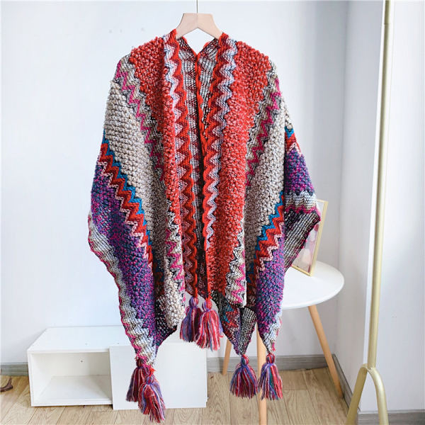Etnisk stil kappe pullover sweater frakke med kvast til dame