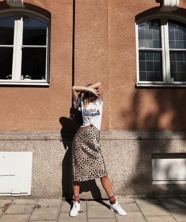 Leopardkjol för kvinnor, midilängd, hög midja, siden, satin, elastisk, gepard