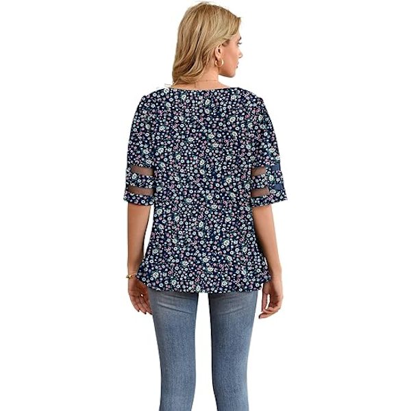 Kvinnors V-ringad chiffongblus Mesh Panel Blus 3/4 Bell Sleeve Lös Topp S