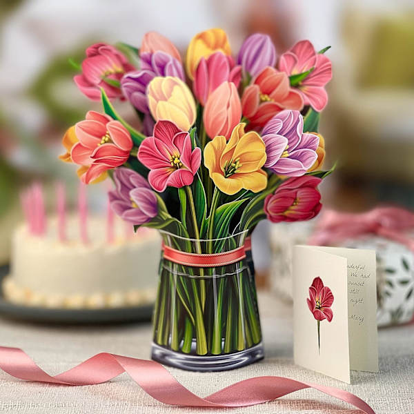 Papir Pop Up-kort, Festlige Tulipaner, Bukett 3D Popup Papirblomst