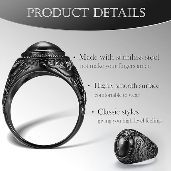 Retro Tiger Eye Stone Herre Ringer, Sorte Onyx Ringer til Menn Rustfritt Stål Ring Oval Biker Ring for Herresmykker svart 2.4CM