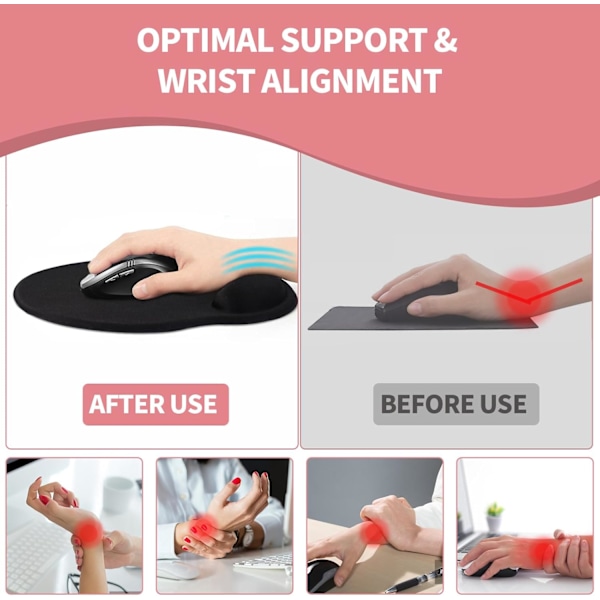 Musmatta med handledsstöd, ergonomisk gelmusmatta, sval musmatta för spelare, handledsstöd för mus med halkfri PU-bas (rosa)