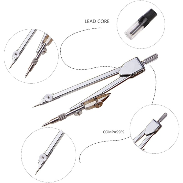 Tegnekompass, rustfritt stål matematikkverktøy geometrikompasssett med ekstra