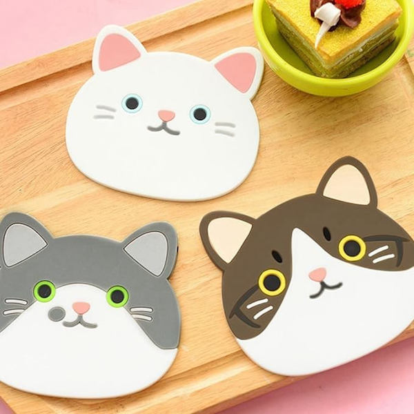 Set med 5 söta kattkoppunderlägg i silikon med isolerade flexibla ytor