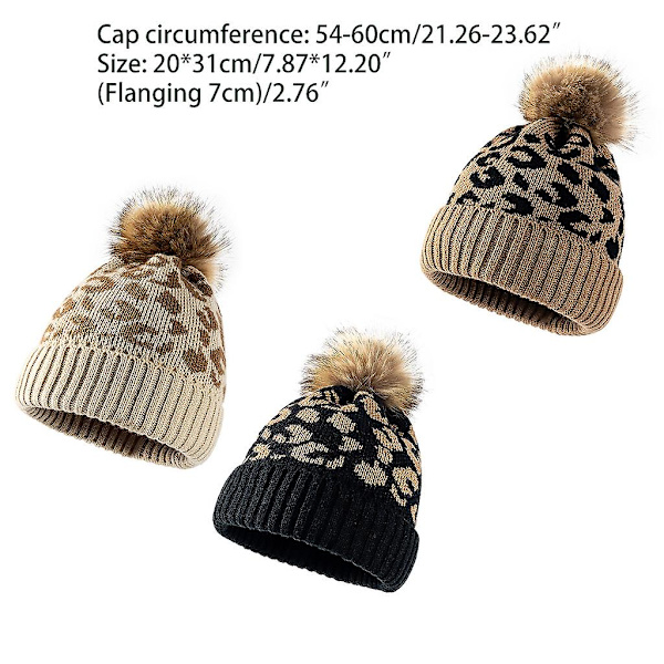 Dame Leopard-print Pompon Strikkede Huer Varm Uld Hat Vinter Slouchy Beanie