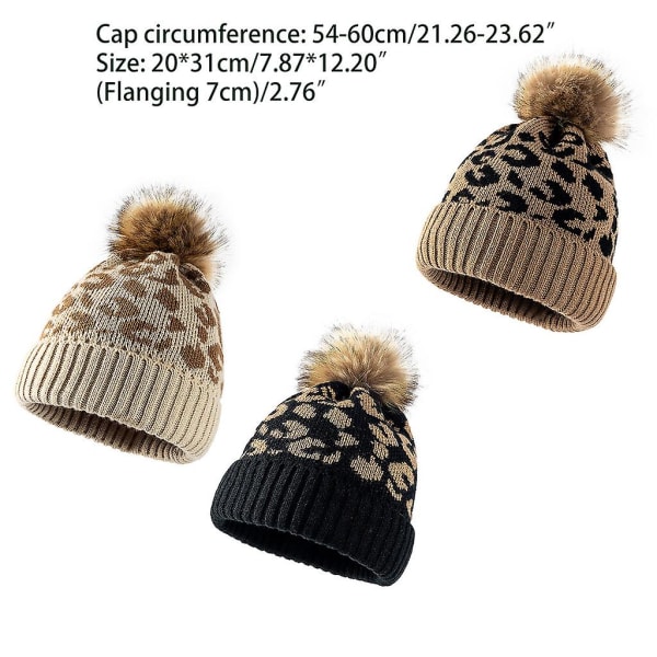 Kvinnors leopardmönstrade pompon-stickade mössor varm ullmössa vinter slouchy beanie