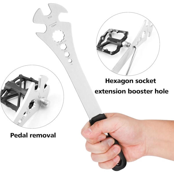 Cykelpedal Nøgle, Cykelpedal Nøgle med Ekstra Langt Håndtag, Multifunktionel Pedalaftageværktøj 15mm, 9/16 og 10mm/8mm/6mm Hex Hul