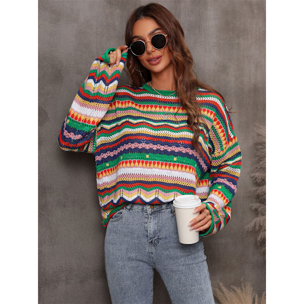 Kvinners Y2K Heklet Crop Top Gjennomsiktig Hullet Genser Genser Genser Lang Erme Strikket Fargeblokk Casual Streetwear,1PC-XL