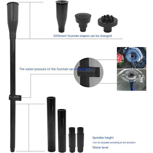 9 stk. højdejusterbare springvandspumpedyser til have, nedsænkelig pumpe, vandfaldsspringvand, damtilbehør, sort