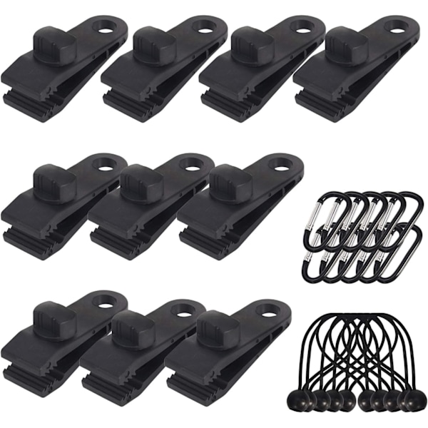10-pack presenningklämmor presenninghållare för utomhusbruk med presenningband och bungee-sladd + D-formad karbinhake för presenningar, markiser, camping, husvagn, bil C