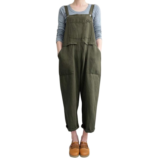 Dames Mode Løs Hør Overalls ArmyGreen XXL