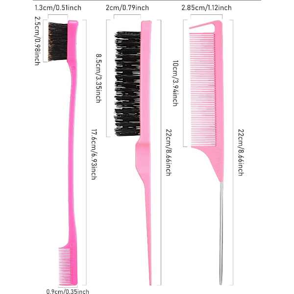 Teasing Brush, 3 Dele Tail Comb, Dobbeltkantet Kam, Kam Børstesæt, Slicker Brush, til Salon Hårpleje, Kvinder, Mænd, Børn