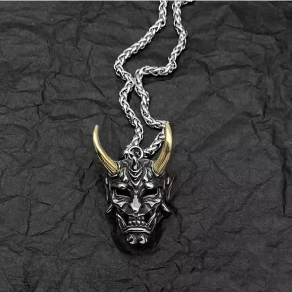 Hodeskallekjede for menn, Golden Horn Skull Necklace, Gothic Demon Skull Head