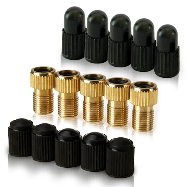 15 stk messingventil adapter (5 stk + 10 stk hetter) - Konverter Presta til Schrader for sykler, elsykler og elsparkesykler - Pump opp dekk med en standardpumpe