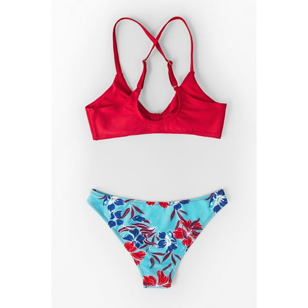 Kvinnors röda blommiga tryckta knutna bikini badkläder set, m