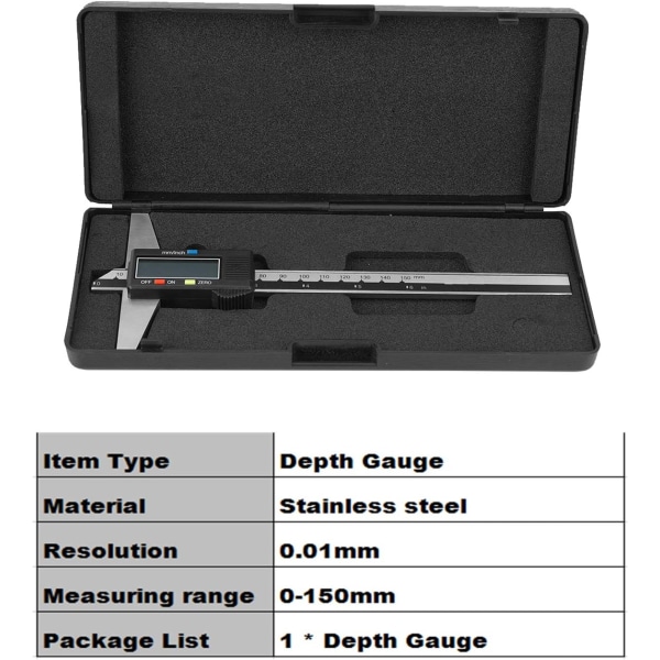 0-150mm Digital Dybdemåler, Høy Presisjon 0,01mm Rustfritt Stål Digital Vernier Kaliper med mm/tomme Målesystem