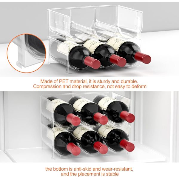 Vinstativ (sett med 2) - Plaststabelbart vinstativ for 6 flasker vin eller annen drikke - Moderne vinstativ for opptil 6 flasker totalt - Klart