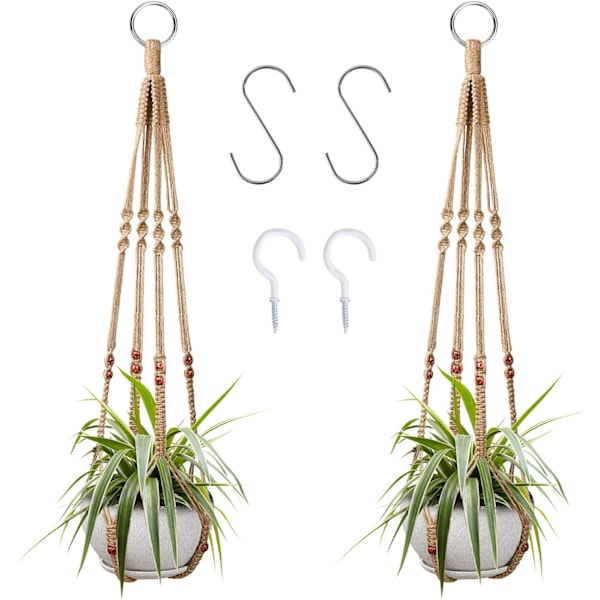 2 st Macrame Blomkrukehållare Inomhus Hängande Blomkrukor Macrame Bomullsrep Hållare Dekoration med 4 Krokar