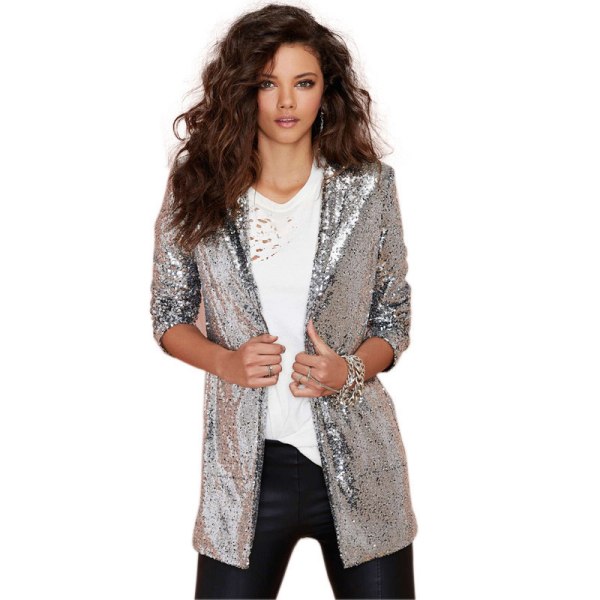 Dame Sequin Jakke Åben Front Blazer Casual Langærmet Cardigan Frakke L