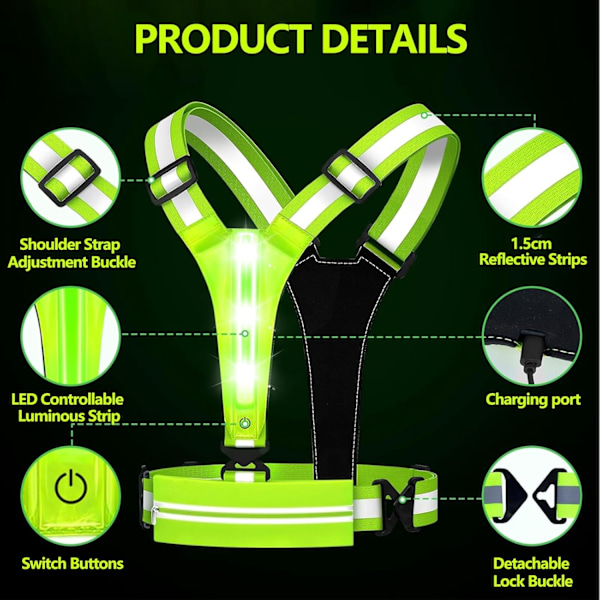 LED Löpning Reflexväst, Laddningsbar LED Cykel Reflexväst, Justerbar Reflexsele Unisex Fluorescerande Väst för Nattpromenader, Jogging